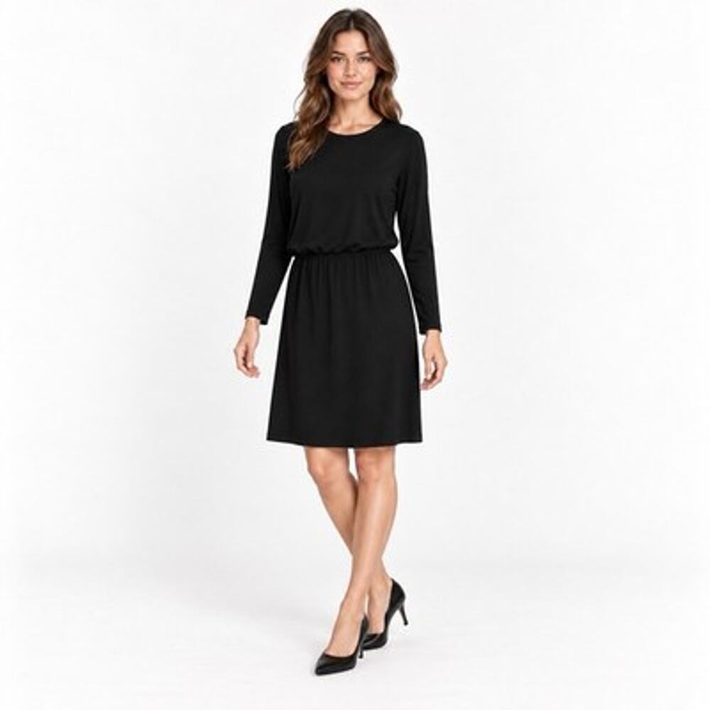 Norma Kamali KamaliKulture Blouson Midi Dress Medium Black Long Sleeves Classic